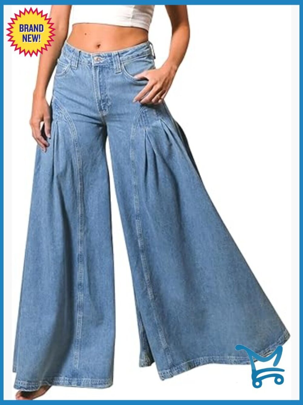 High Waist Bell Bottom Jeans Stretch Wide Leg Flared Pleated Vintage Casual